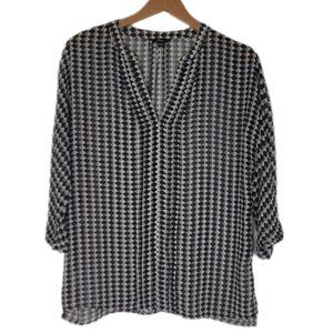 Milano sheer blouse 3/4 sleeve black white diamond check pleats dolman size‎ LG